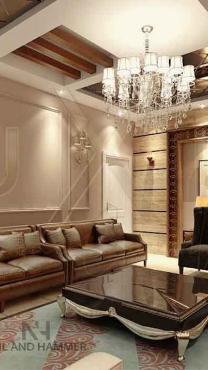 Beautiful chandelier, couches, false roof living room design - LuXia LLP
