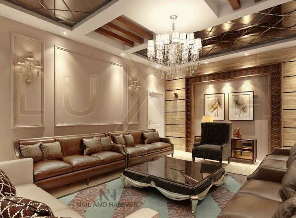 Beautiful chandelier, couches, false roof living room design - LuXia LLP
